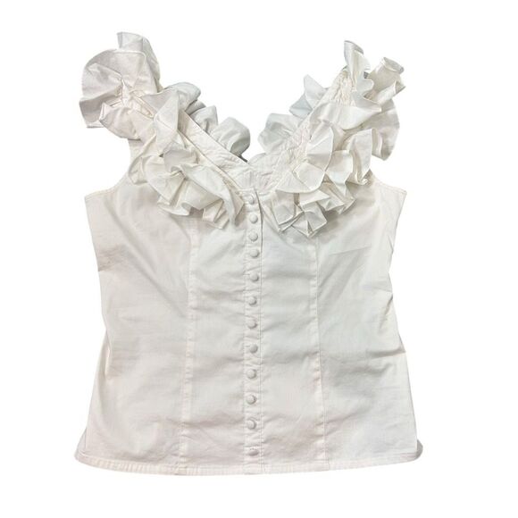 Boston Proper Blouse Vintage Top Sz 10 White Ruffle Neck Button Lace Up Corset - Picture 4 of 10